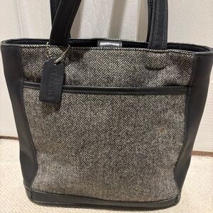 Coach Black Leather & Tweed Herringbone Gray Shoulder Bag